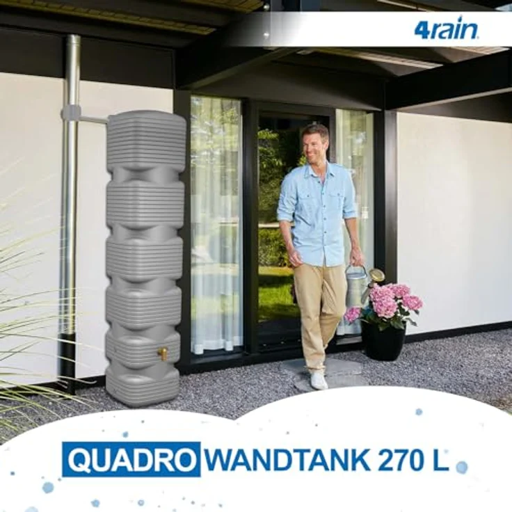 4rain Quadro Regentonne 270 Liter, betongrau, Wandtank aus witterungsbeständigem Recyclingkunststoff mit vielseitiger Wasserentnahme und platzsparendem Design – Bild 2