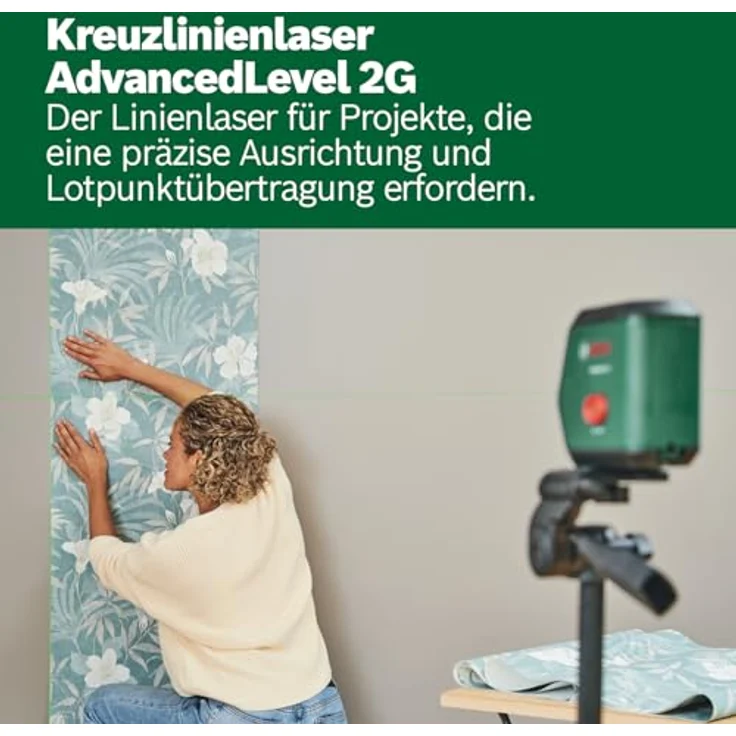 Bosch Kreuzlinienlaser AdvancedLevel 2G, Präzise Selbstnivellierung, Reichweite 15 m, mit Zubehör und Stativ, grün – Bild 2