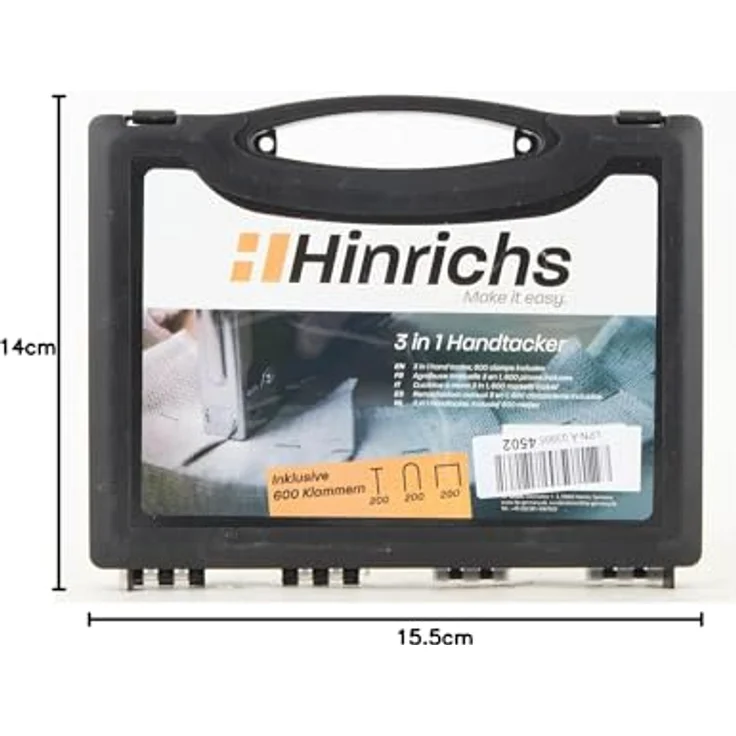 Hinrichs Handtacker im Koffer, 3-in-1 Holztacker mit Klammern und Nägeln, Schwarz/Chrom – Bild 9