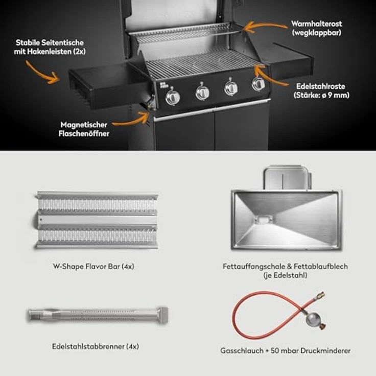 BURNHARD® Big FRED Base, Gasgrill 4-Brenner mit 15 kW, 70x41,5 cm Grillfläche, Piezo-Zündung, Edelstahlrost, ideal für 15 Personen – Bild 4