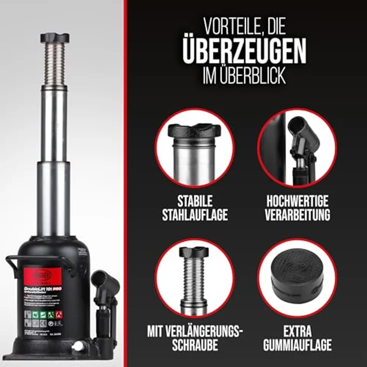 HEYNER® DoubleLift 10t PRO, hydraulischer Wagenheber mit Gummiauflage, 2-stufiger Unterstellheber für SUV Transporter, Hubhöhe 210–442 mm, inkl. alca® Anti-Rutsch Schutzpad – Bild 5