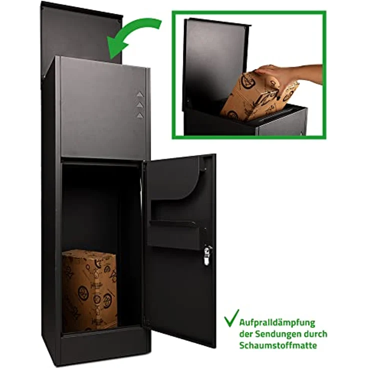Ondis24 Korona Paketbox XL Postbox für Pakete, Päckchen, Warensendungen und Briefe mit Paketsafe, galvanisiert, mit Gasdruckfedern (118 cm, Grau) (Schwarzlack) – Bild 2