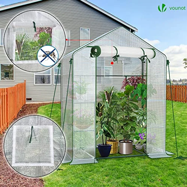 VOUNOT Gewächshaus Foliengewächshaus, begehbares Gartenhäuschen mit 4 Regalebenen, Tomatenhaus Tomatengewächshaus, Weiß 143x73x195cm – Bild 2