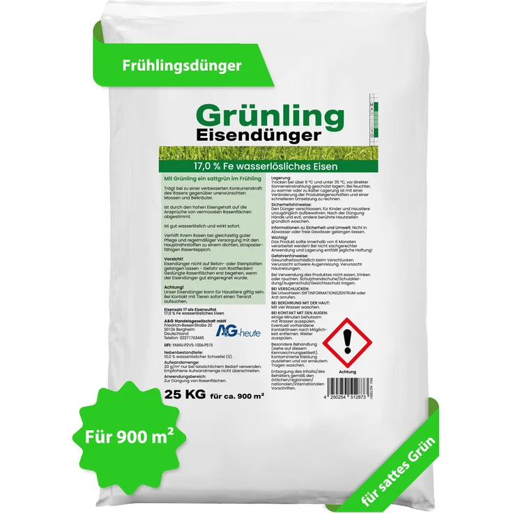A&G-heute 25kg Eisendünger Rasendünger Grünling 20 Eisen-2-Sulfat für ca. 1000m² Rasenfläche für sattes Grün – Bild 1