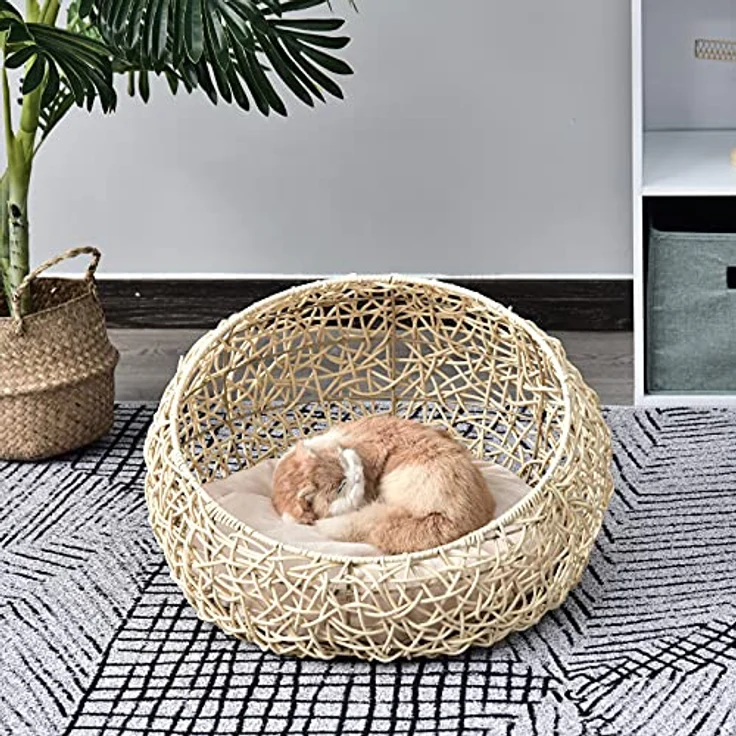 PawHut Katzenbett aus Rattan Katzenhöhle mit Kissen Katzenkorb Hundebett Katzenschlafplatz Hundehütte Tierbett für Katzen Hunde Beige Ø56 x 35 cm – Bild 2