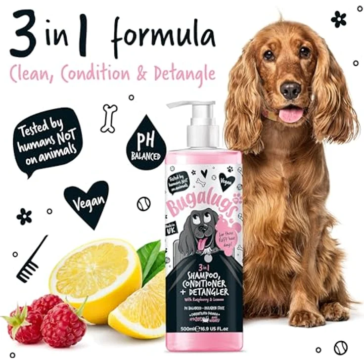 Bugalugs Hundeshampoo 3in1 mit Conditioner und Entwirrer, 500 ml, pH-neutral, vegan, mit Himbeer- und Zitronenduft, für alle Hunderassen – Bild 2