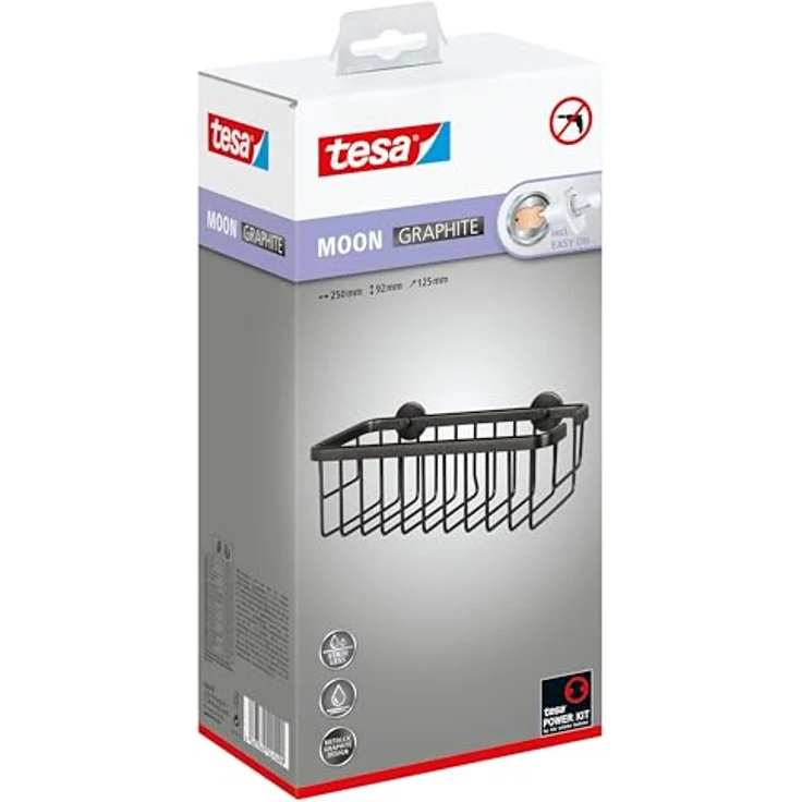 tesa Moon Selbstklebende Duschablage in gebürstetem Grafit - einstöckig und extra tief - Duschregal aus PVD-beschichtetem Metall - ohne Bohren, mit Klebelösung - 92 mm x 250 mm x 125 mm – Bild 3