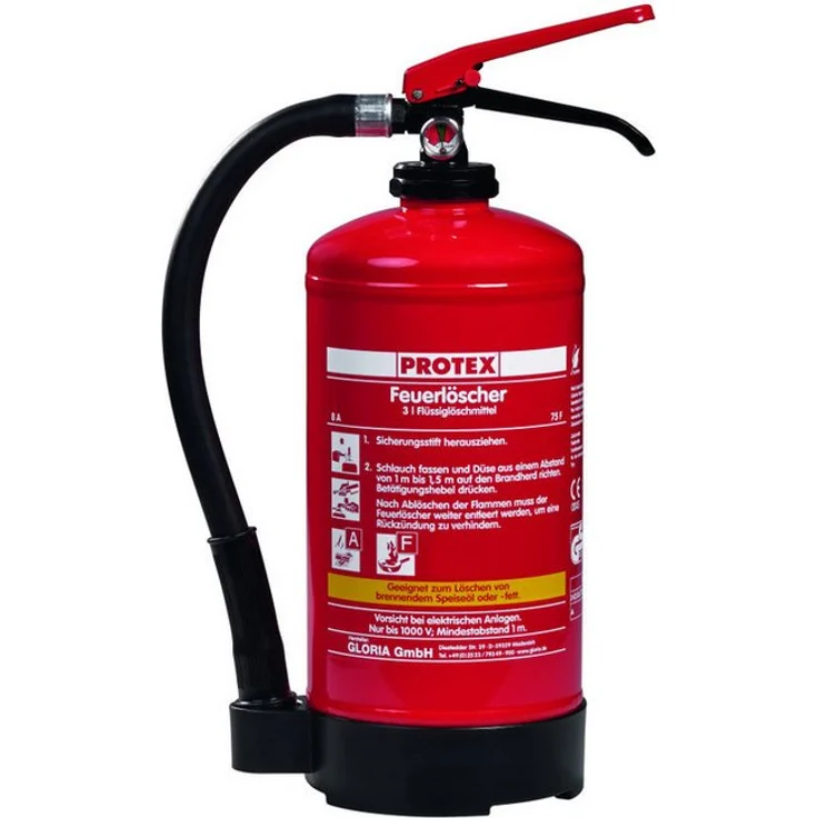 Protex Fettbrand-Feuerlöscher FDA3, 3l Schaum-Feuerlöscher mit Manometer und Wandhalterung, fluorfrei, Prüf- und nachfüllbar, für elektrische Anlagen bis 1000 Volt