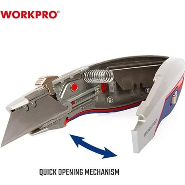 WorkPro Cuttermesser WP213011, Teppichmesser mit Zinklegierungsschneidkopf, Aluminiumgriff, schnellem Klingenwechsel und 10 Ersatzklingen – Bild 6