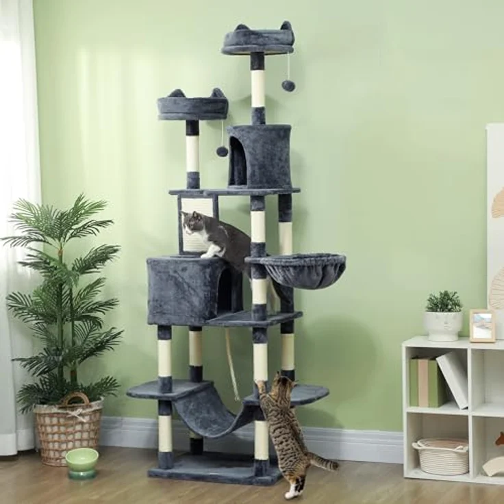 PawHut Kratzbaum 206 cm, mehrstöckiger Katzenkletterbaum mit Höhle, 2 Spielballen, Sisalstämmen, große Plattform, dunkelgrau – Bild 2