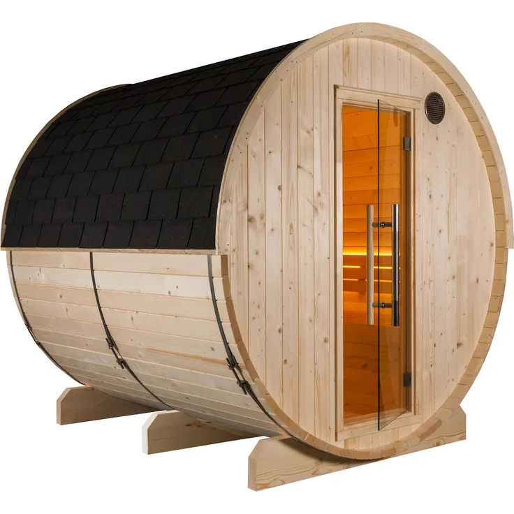 Harvia Kuusi 220 Panorama Fasssauna, Fichte, für bis zu 6 Personen, Ø220x220cm, mit LED Beleuchtung und Bitumen-Dachschindel