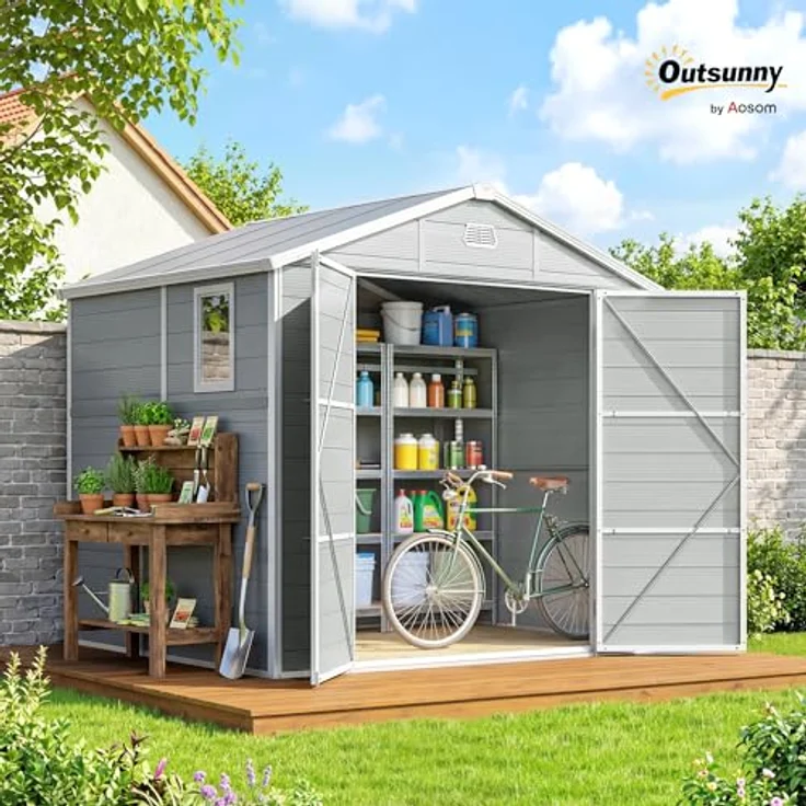 Outsunny Gerätehaus 4,1m², Geräteschuppen mit Satteldach, hellgrau, abschließbare Tür und Belüftungsöffnungen, 240 x 190 x 228 cm – Bild 2