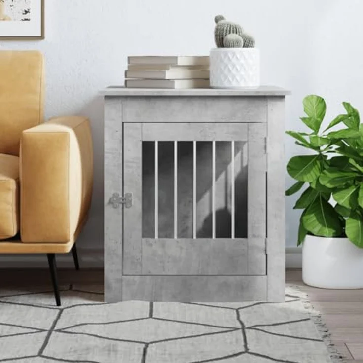 vidaXL Hundekäfig im Möbelstil, Abschließbar Hundebox mit Tür, Hundehütte Beistelltisch mit 2-in-1-Funktion, Hundehaus Haustierkäfig, Betongrau 64,5x80x71cm Holzwerkstoff – Bild 3