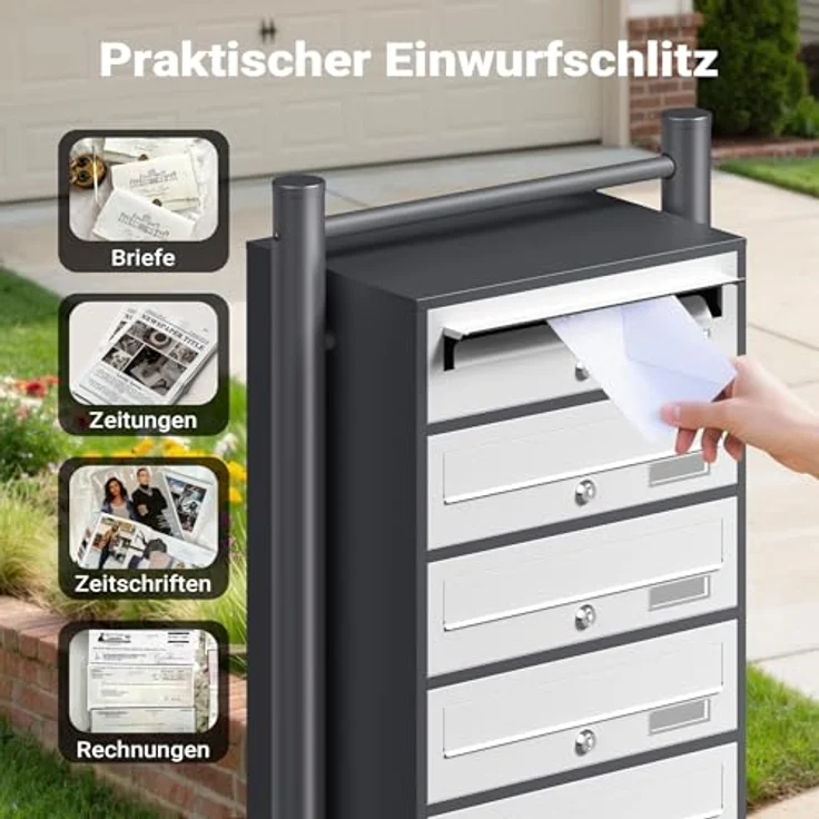 6er Briefkastenanlage mit Standfuß, pulverbeschichtet in Anthrazit-Weiß, 2 Schlüssel je Postfach – Bild 5