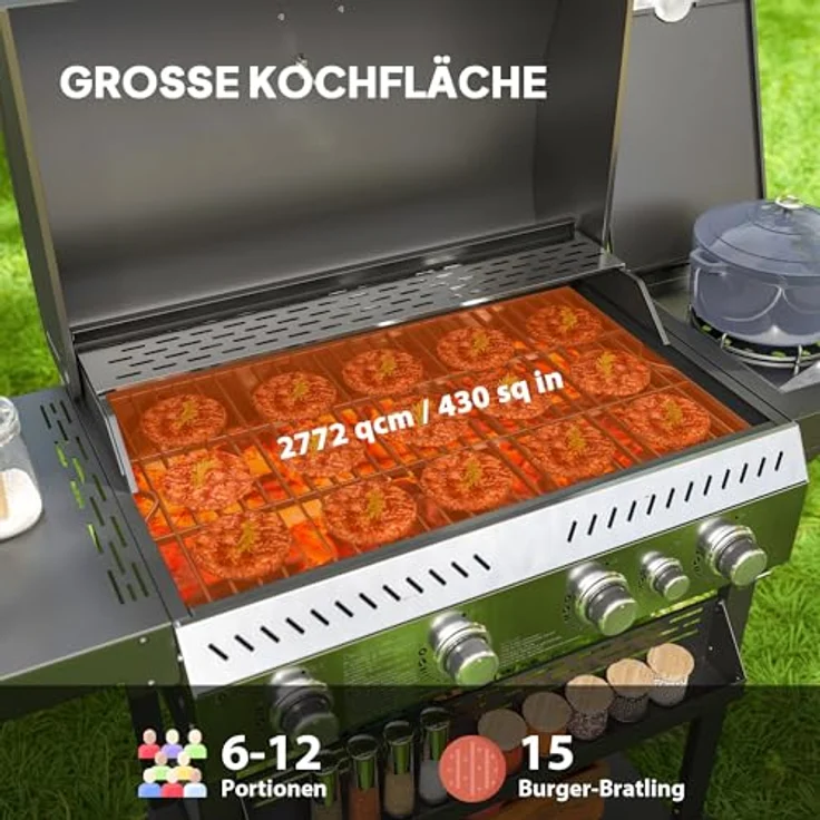 Outsunny Gasgrill 12 KW 4+1 Brenner BBQ Grillwagen Edelstahl, mit Seitenbrenner, Thermometer, Grillrost und Ablagen, für Balkon und Camping, 135 x 55 x 103 cm – Bild 3