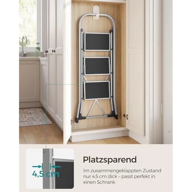 SONGMICS Trittleiter, Leiter mit 3 Stufen, Klapptritt, Klappsicherung, einfach zu verstauen, bis 150 kg belastbar, Taubengrau GSL003GY01 – Bild 3