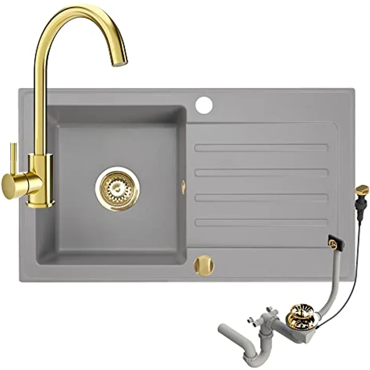 Granitspüle 76x44 Küchenspüle Gold Granit Spülbecken f. Unterschränke ab 45 cm inkl.Siphon Set (Mit Armatur, Grau) – Bild 1