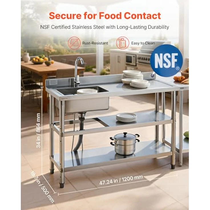 VEVOR Edelstahl Spültisch (120 x 50 x 94 cm) mit 360° Wasserhahn, 2 Ablagefächern und verstellbaren Füßen für Küche, Garage und Restaurant – Bild 2