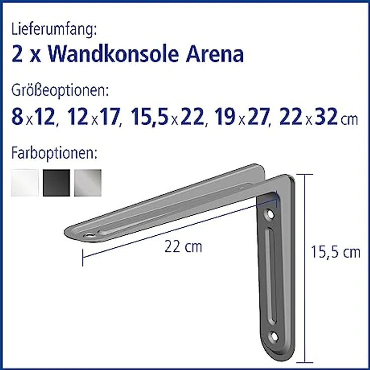 Element System 18133-00154 Regalkonsole Arena-Regalträger - 5 Größen - 3 Farben - 2 Stück-weißaluminium - 155 x 220 mm, 155x220 mm – Bild 3