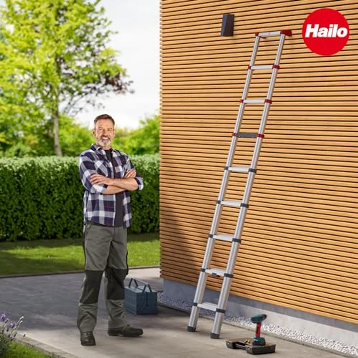 Hailo Teleskop-Anlegeleiter Aluminium, 9 Stufen, max. 150 kg, 265 cm, rutschfeste Sprossen, anodisierte Oberfläche, Einhand-Auslösesystem – Bild 9