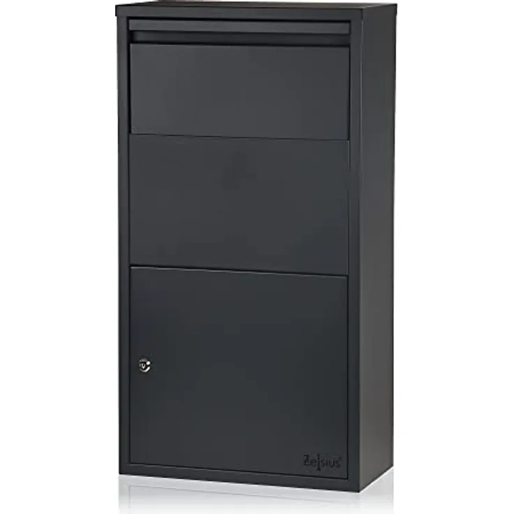 Zelsius Briefkasten mit Paketfach Merkur | pulverbeschichteter Stahl mit Edelstahl Elementen | RAL7016 Anthrazit | integrierte Rückholsperre | Wandmontage | Paketbriefkasten, Paketbox, Parcel Box