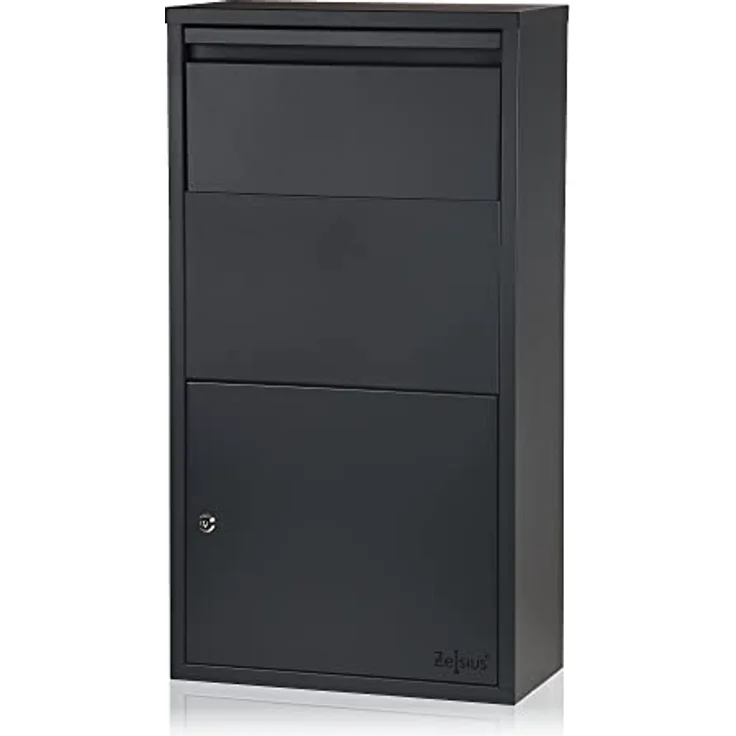 Zelsius Briefkasten mit Paketfach Merkur | pulverbeschichteter Stahl mit Edelstahl Elementen | RAL7016 Anthrazit | integrierte Rückholsperre | Wandmontage | Paketbriefkasten, Paketbox, Parcel Box – Bild 1