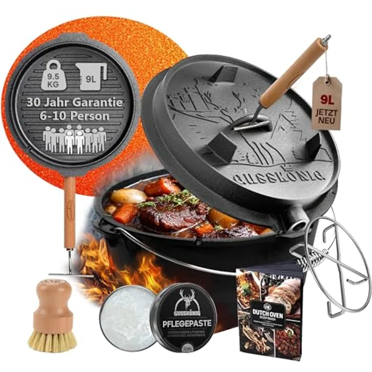 GUSSKÖNIG Dutch Oven Set, Eingebrannter Gusseisen Feuertopf 9L für 6-10 Personen, mit 2in1 Deckelheber, Reinigungsbürste und Rezeptbuch, 30 Jahre Garantie – Bild 1