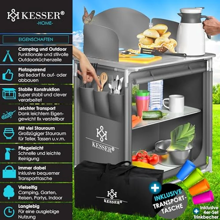 KESSER® Campingküche | Ink. Tragetasche | Campingschrank | mit Aluminiumgestell | Reiseküche | Küchenbox | Zeltschrank | Outdoor Camping Küche | Modelle wählbar Grau – Bild 2