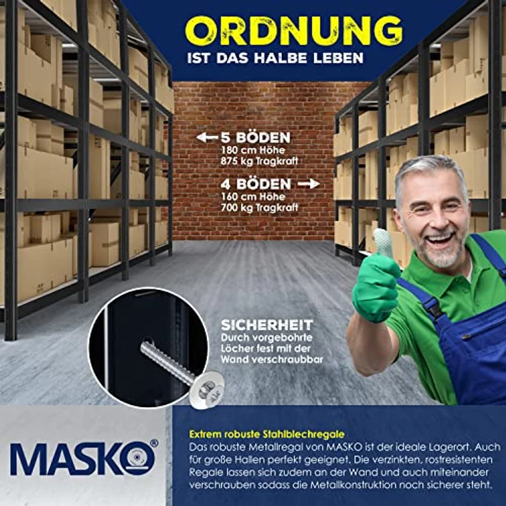 MASKO 2er-Set Lagerregal Schwerlastregal, Kellerregal , bis 875 kg belastbar, 5 verstellbare Ablagen, MDF-Platten Regal aus Metall, Steckregal, Werkstattregal, Keller, Garage 2x 180x90x40cm 5-Böden, 2x Schwarz 875kg – Bild 6