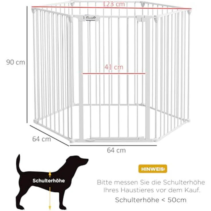 PawHut Welpenauslauf klappbar, 90 cm Hoch, Absperrgitter Hunde, Absperrgitter mit 6 Platten, Freilaufgehege, Freistehendes Kaminschutzgitter, Freigehege für mittelgroße Hunde, Stahl, Weiß – Bild 3