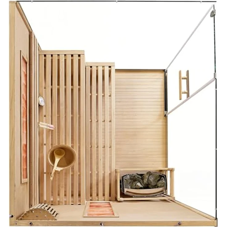 Artsauna Sauna Vantaa 150, BxTxH: 150 x 140 x 190 cm, 5 mm, 2 große Salzsteine, Ambientebeleuchtung, Schwarz/Natur, 3 Personen, 4,5 kW Ofen mit Saunasteinen – Bild 9