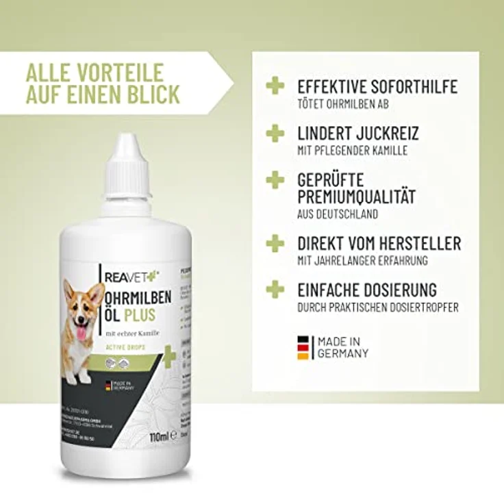 ReaVET TESTURTEIL SEHR GUT 01/24 Ohrmilbenöl Plus 110ml sofort wirksames Mittel für Hunde – gegen Ohrmilben mit Kamille, Sanfte Pflege bei Juckreiz im Ohr, Ohrentropfen Milben, Ohrenreiniger – Bild 2