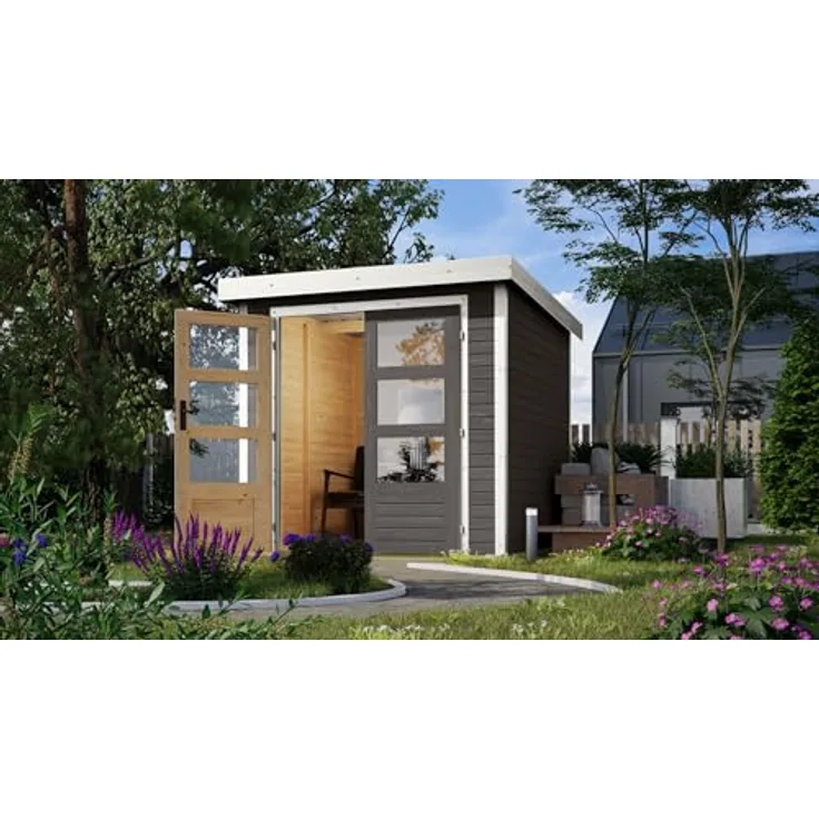 CHILLROI® Hybrid Gartenhaus Hollywood inkl. Fußboden optional mit Anbau Gartenlaube Geräteschuppen Gartenhütte (Terragrau kompakt)