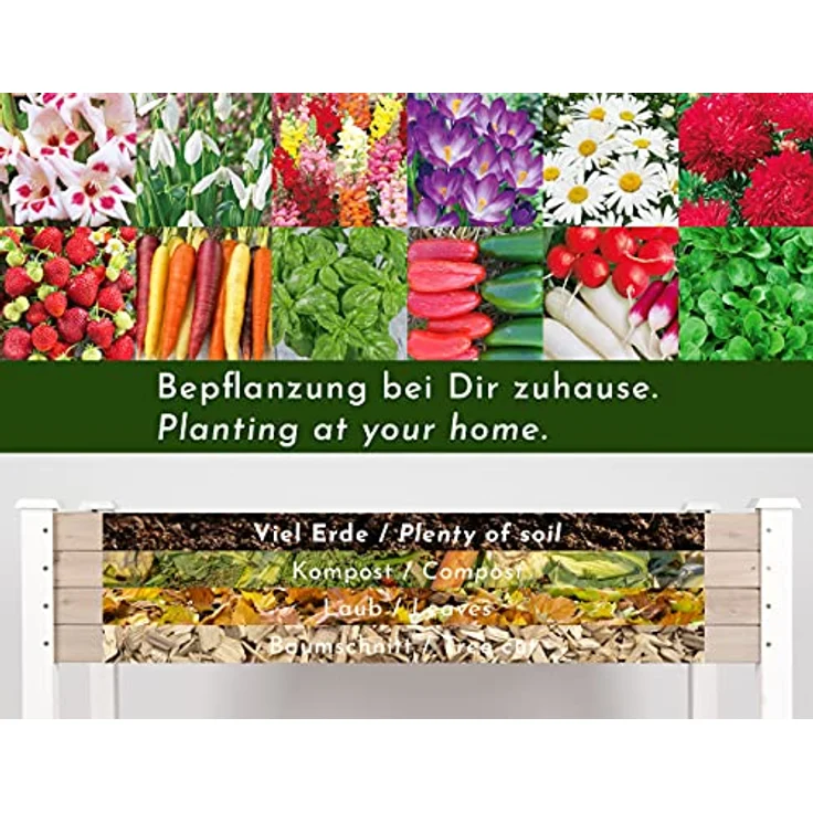 WONDERMAKE® Großes Hochbeet aus Holz für Garten Balkon Terrasse, Pflanzkasten Bausatz XL rechteckig schmal mit Vlies-Folie, Kräuterbeet Pflanzenkasten, 124 x 63 x 75 cm, weiß grau anthrazit – Bild 5