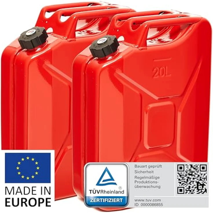 BW® Benzinkanister Metall 2x 20 Liter, rot - Hochwertige Kraftstoffkanister mit Schraubverschluss, TÜV-geprüft, UN-zugelassen, aus 0,9mm Stahl nach DIN 7274, Made in Europe – Bild 2