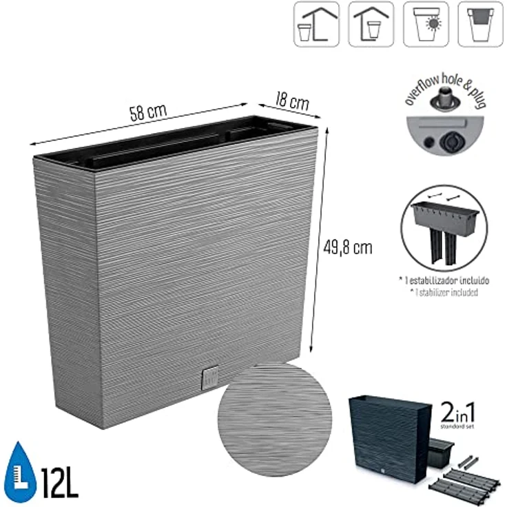 Macetero color cemento, con depósito, colección FURU, de 58 x 18 x 49,8 cm, capacidad de 12 L. – Bild 2