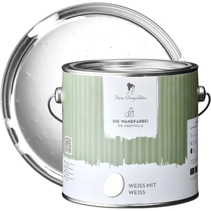 MissPompadour Wandfarbe Die Wertvolle, extramatte Innenfarbe Weiß mit sehr hoher Deckkraft, 2,5 L, geruchsneutral und spritzfrei, wasserbasiert – Bild 1