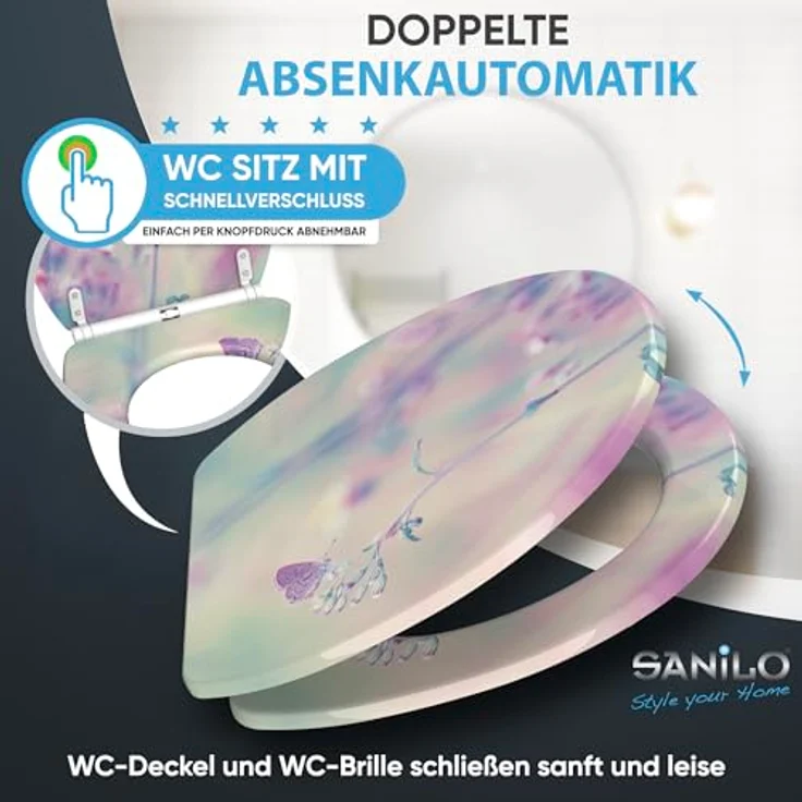 Sanilo WC Sitz Top Fix Meadow, mit Absenkautomatik und antibakterieller Beschichtung, bruchsicheres Holz – Bild 3