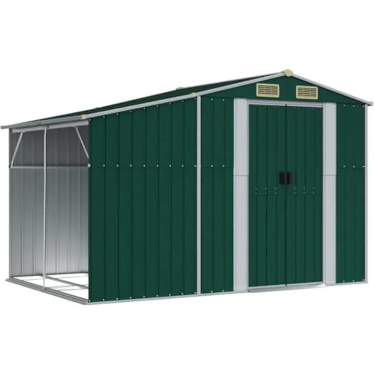 vidaXL Gerätehaus, Gartenhaus mit Schrägdach Griffe, Gartenschuppen Schuppen mit Stauraum, Geräteschuppen Metallschuppen, Grün 277x192,5x179 cm Verzinkter Stahl – Bild 1