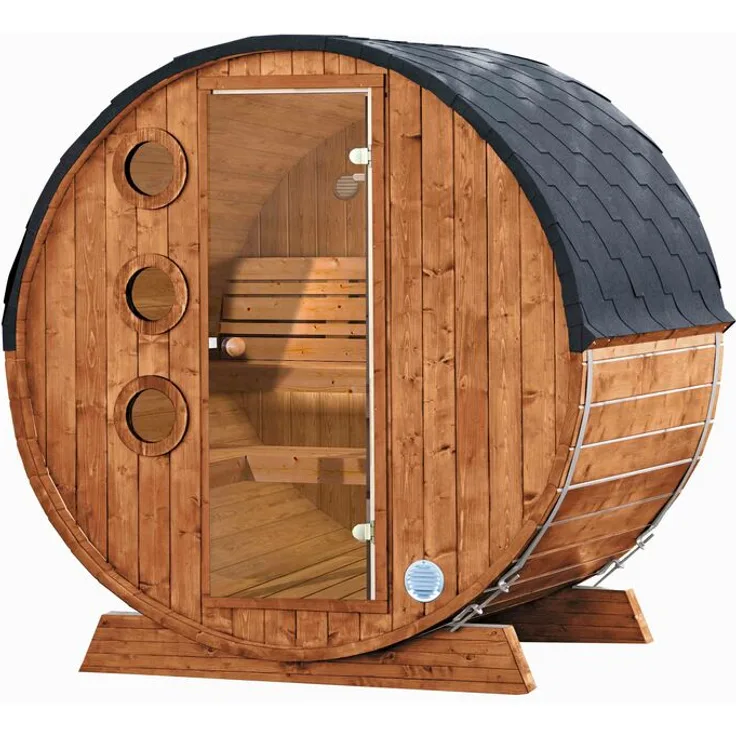Wolff Finnhaus Saunafass Mini 160 montiert DS schwarz Anstrich Walnuss 205x160 cm