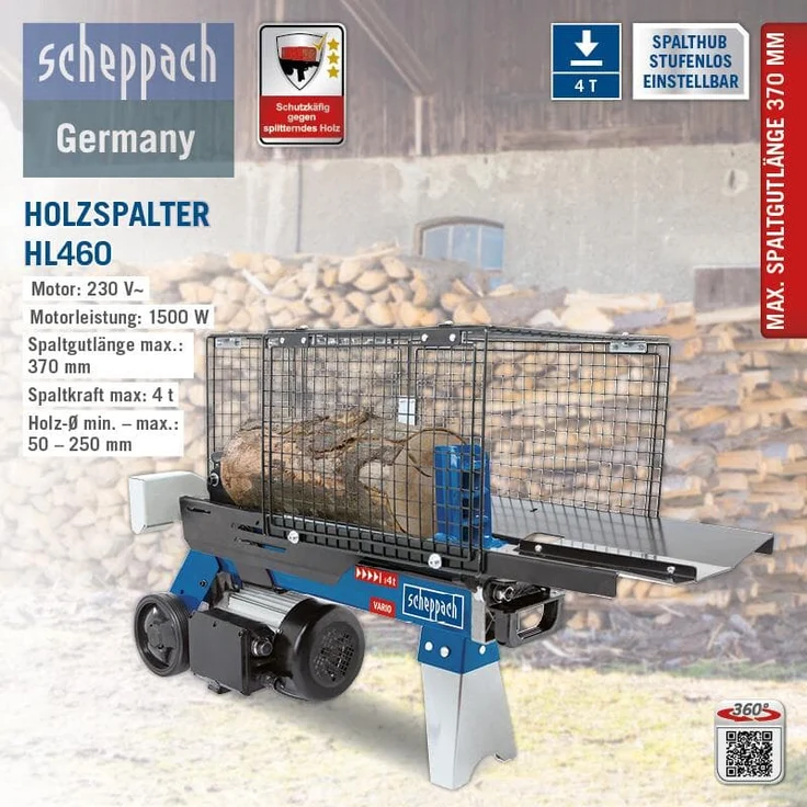 Scheppach Holzspalter liegend HL460, Brennholzspalter Hydraulikspalter, elektrisch 230V, Spaltkraft 4 Tonnen, Spaltlänge 370mm, 1500W Leistung, Ø250mm Spaltgut, inkl. Ablagetisch – Bild 2
