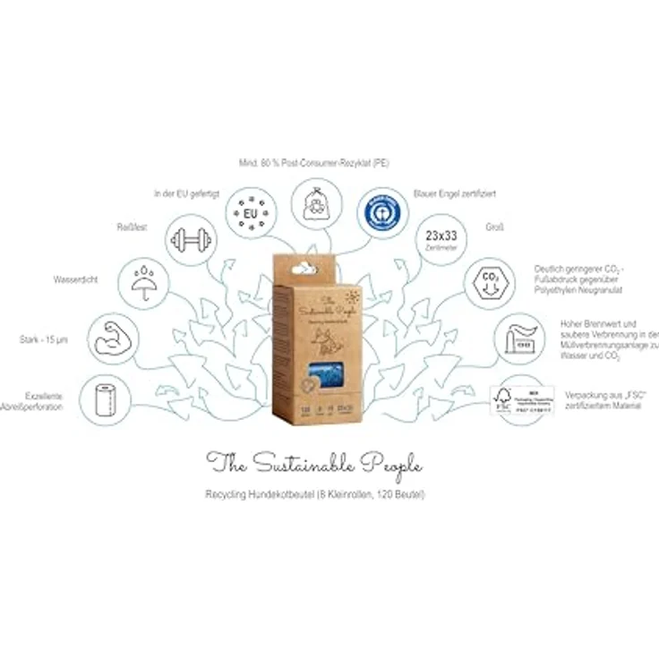 The Sustainable People TSP Recycling Hundekotbeutel - Blauer Engel zertifiziert - groß, auslaufsicher - Made in EU - 120 Stk - mind. 80% Post-Consumer-Rezyklat (PE) - stark (15µm) - 23x33cm, Blau – Bild 2