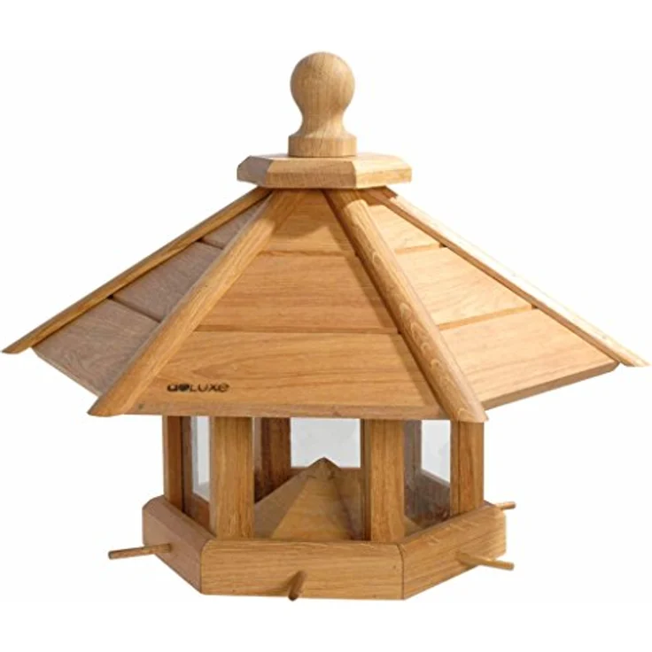 Luxus-Vogelhaus 46131e Großes XXL Vogelhaus "Anflug" aus Holz (Eiche) für Garten, Balkon, geöltes Eichenholz mit Futter-Silo / 6 Anflugstangen - XL Vogelhäuschen Vogelfutterhaus – Bild 1