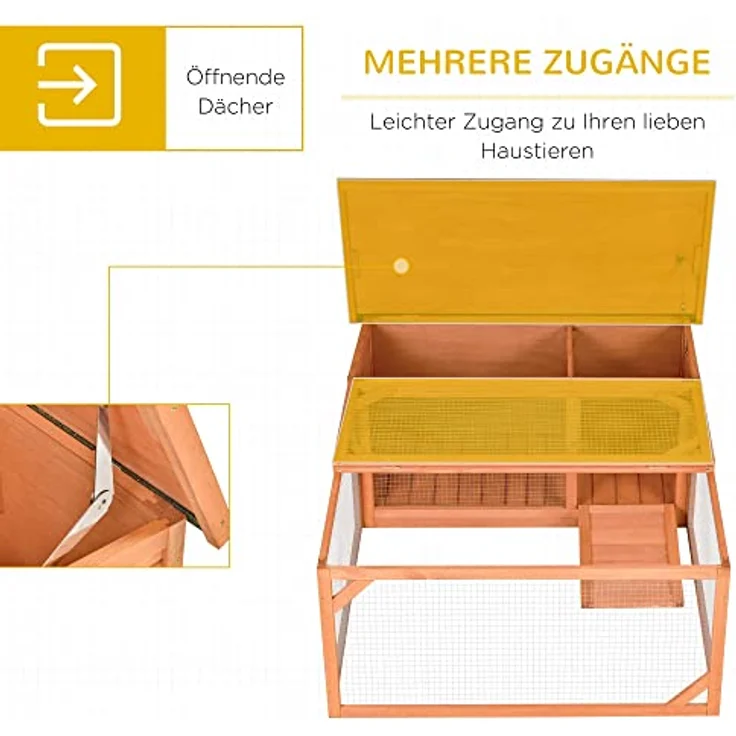 Pawhut Kleintierstall Zwergkaninchenstall mit öffenbarem Asphaltdach Kleintierkäfig Outdoor Indoor Hinterhof wetterbeständig Tannenholz Orange+Grün 125,5 x 100 x 49 cm – Bild 4