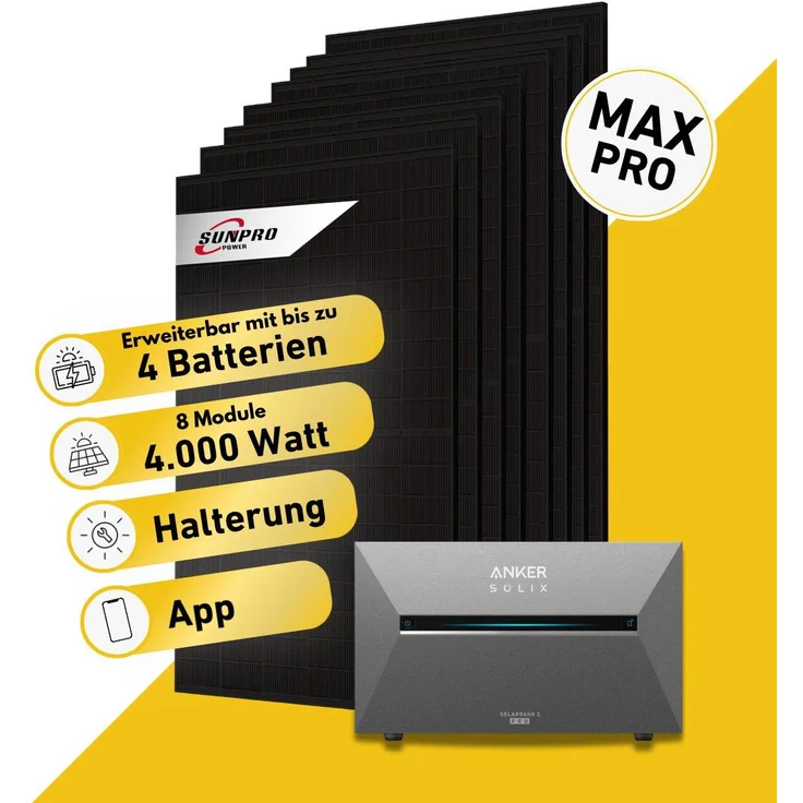 Balkonstrom Balkonkraftwerk 4000W Solaranlage mit Speicher, Biberschwanzdachhalterung, 2x Bifazial-Solarmodule, Anker Solix 4 Pro, 3m Kabel
