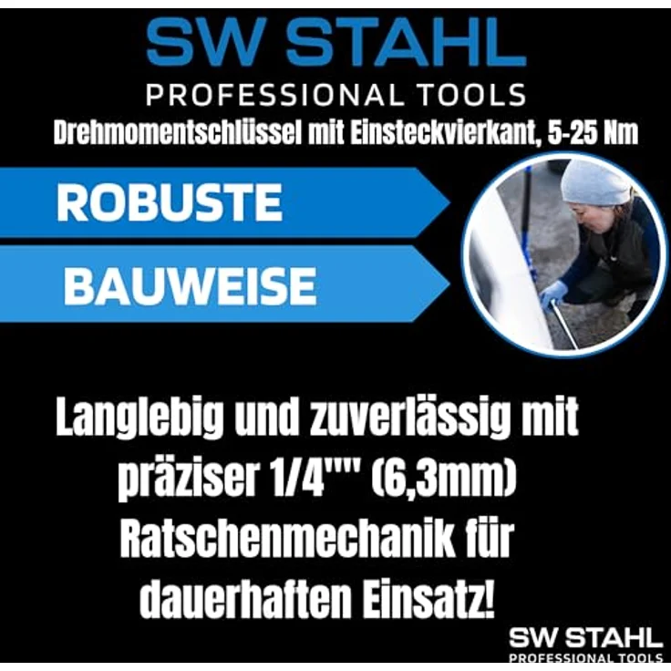 SW-Stahl 03871L Profi Drehmomentschlüssel 1/4 Zoll, einstellbarer Drehmomentbereich 5-25 Nm, Chrom-Vanadium Stahl, mit 48 Zähnen Ratsche, für Fahrrad, Motorrad und PKW-Reparaturen – Bild 5