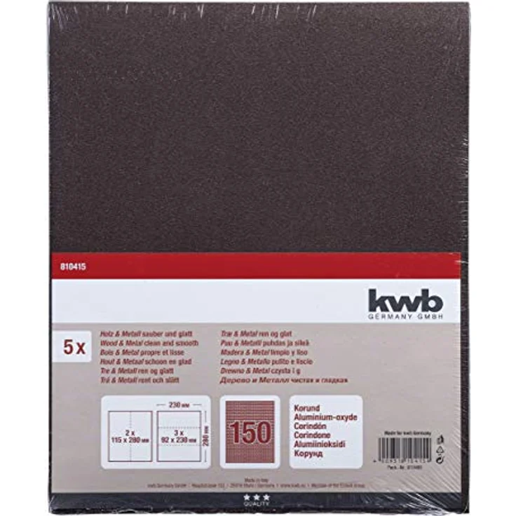 kwb 810415 Schleif-Papier Schleif-Bogen Korund für Holz, Metal, Farbe, Lack und Spachtel, 230 x 280 mm, verschweißt 5 Stk. Korn K-150, Made in Europe – Bild 2