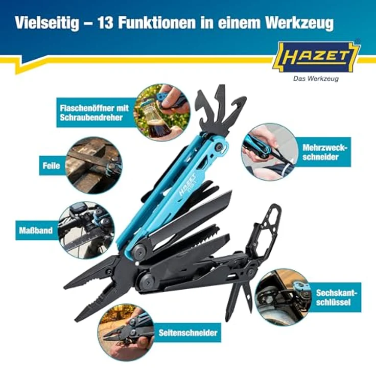Hazet Multitool 13-in-1 2159-1, vielseitiges Zangenwerkzeug aus Edelstahl mit ergonomischem Griff und Gürtelclip für Fahrrad, Camping und Outdoor – Bild 4