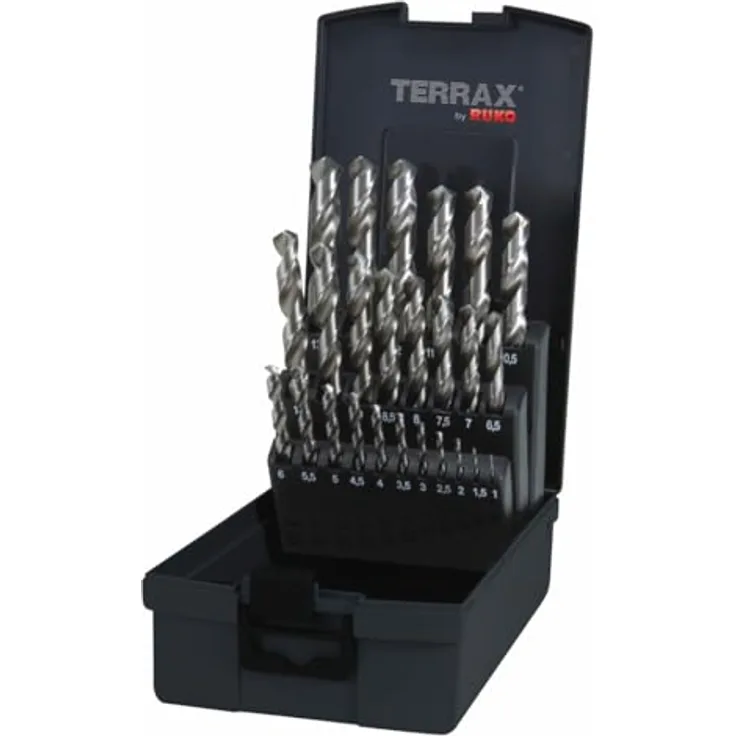 RUKO TERRAX A214215RO Spiralbohrer Satz HSS G, 25 Teile, erhöhten Rundlaufgenauigkeit in Kunststoffkassette (ABS)