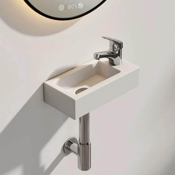 EMKE Reckiges Keramik Hängewaschbecken, Hahnloch Rechts Weiß Glänzend